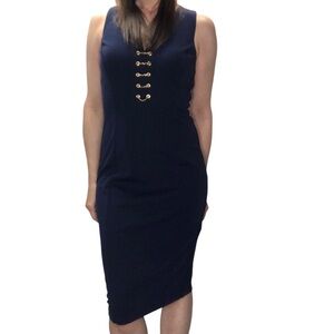 Michael Kors Sz 6 Navy Blue Shift Dress Grommet Split Neck Midi Nautical Classic